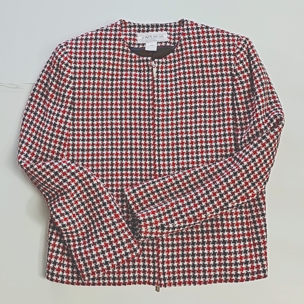 Jones Wear Jacket Houndstooth Red/Ivory/Black Zip Front Jacket Size 10
